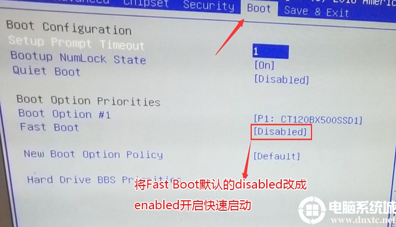 将Fast Boot默认的disabled改成enabled，开启快速启动,