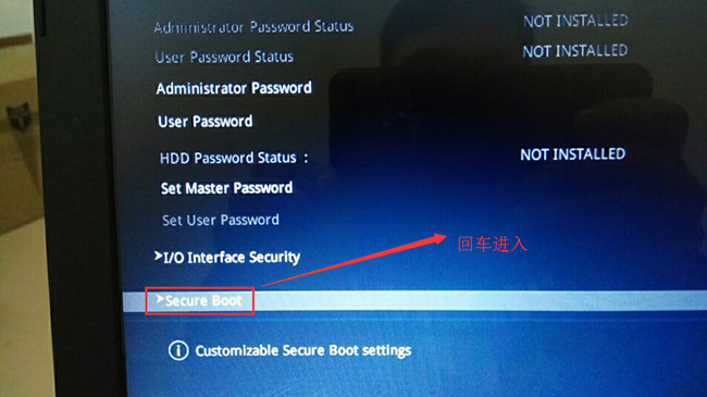 在Security选项下选择Secure Boot回车